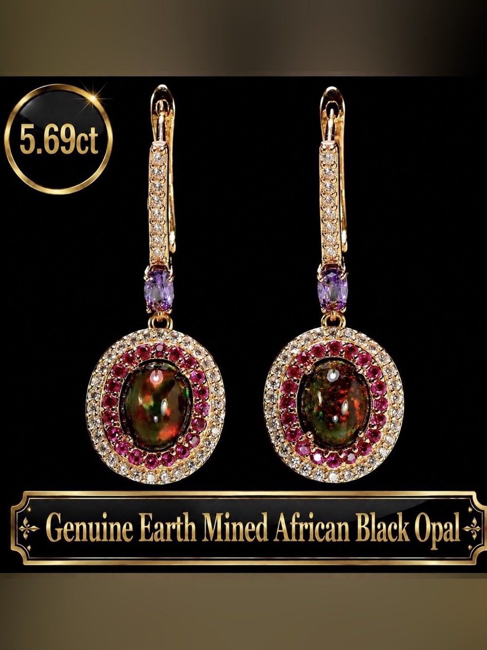 Natural Black Opal Earrings 14k Rose Gold Electroplated 925
